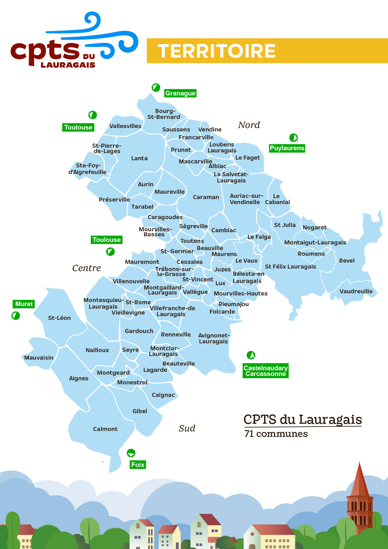 Carte des 71 communes couvertes pas la CPTS du Lauragais